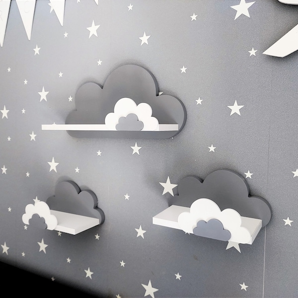 Cloud Shelves chambre d'enfant pour bébé, chambre d'enfant, ensemble de 3 pcs étagère suspendue en bois, étagère, décoration grise, galaxie- Moliland