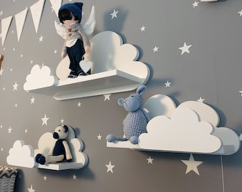 Set of 3 White Cloud Shelves for Nursery | Wooden Floating Shelves for Kids Room | Children's Wall Decor | Kids Bookshelf Fantasy
