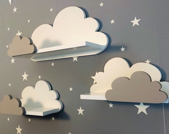 Wolke Wandregal, 3er Set, Fantasy EXTRA - Premium-Klasse, weiß / Grau mit Montagehaken, Regale für kinder, kinderzimmer, babyzimmer, hängend