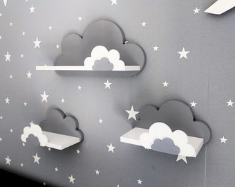 Cloud Shelves nursery childroom for baby, kids bedroom, set of 3 pcs wooden hanging shelf, bookshelf, gray decoration, galaxy- Moliland