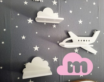 Wolke Wandregal, 3er Set, Flugzeug mit Wolken, Weiß mit Montagehaken, Regale für kinder, kinderzimmer, babyzimmer, hängend