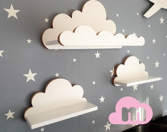 Cloud Shelves Minorka Elegance habitación infantil para bebé, dormitorio para niños, juego de 3 estantes colgantes de madera, estantería, estilo escandinavo