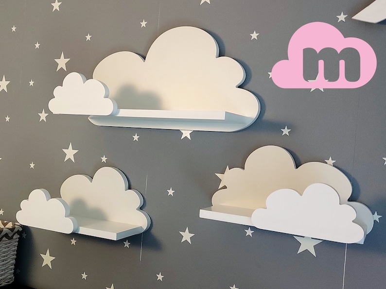 Cloud wall shelf, set of 3, Fantasy EXTRA - Prestige class, White with mounting hook, Cloud shelves for children, children's room, baby room, hanging 