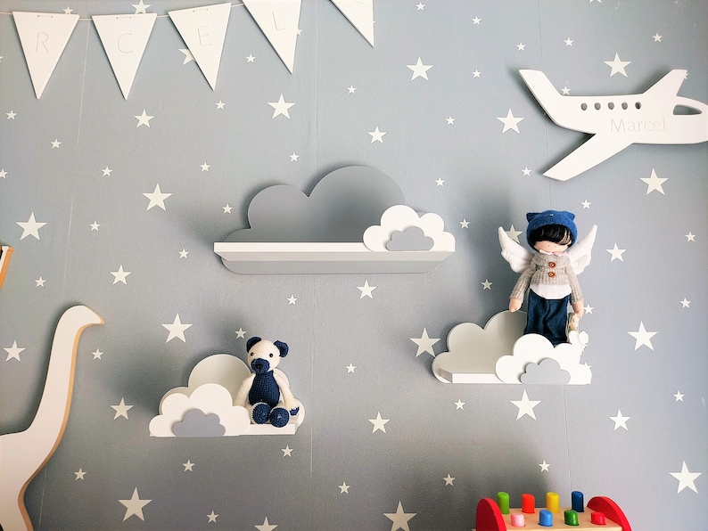 Cloud Shelves cameretta per bambini, cameretta per bambini, set di 3 mensole sospese in legno, libreria, decorazione grigia, galassia Moliland immagine 6