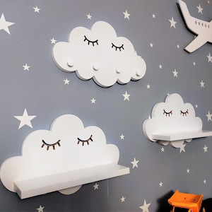 3er-Set Wolken - 2x Regal, 1x Kleiderbügel, per Kinderzimmer an der Wand, 2-in-1-Dekoration und Regal per Kinder, schwebend,
