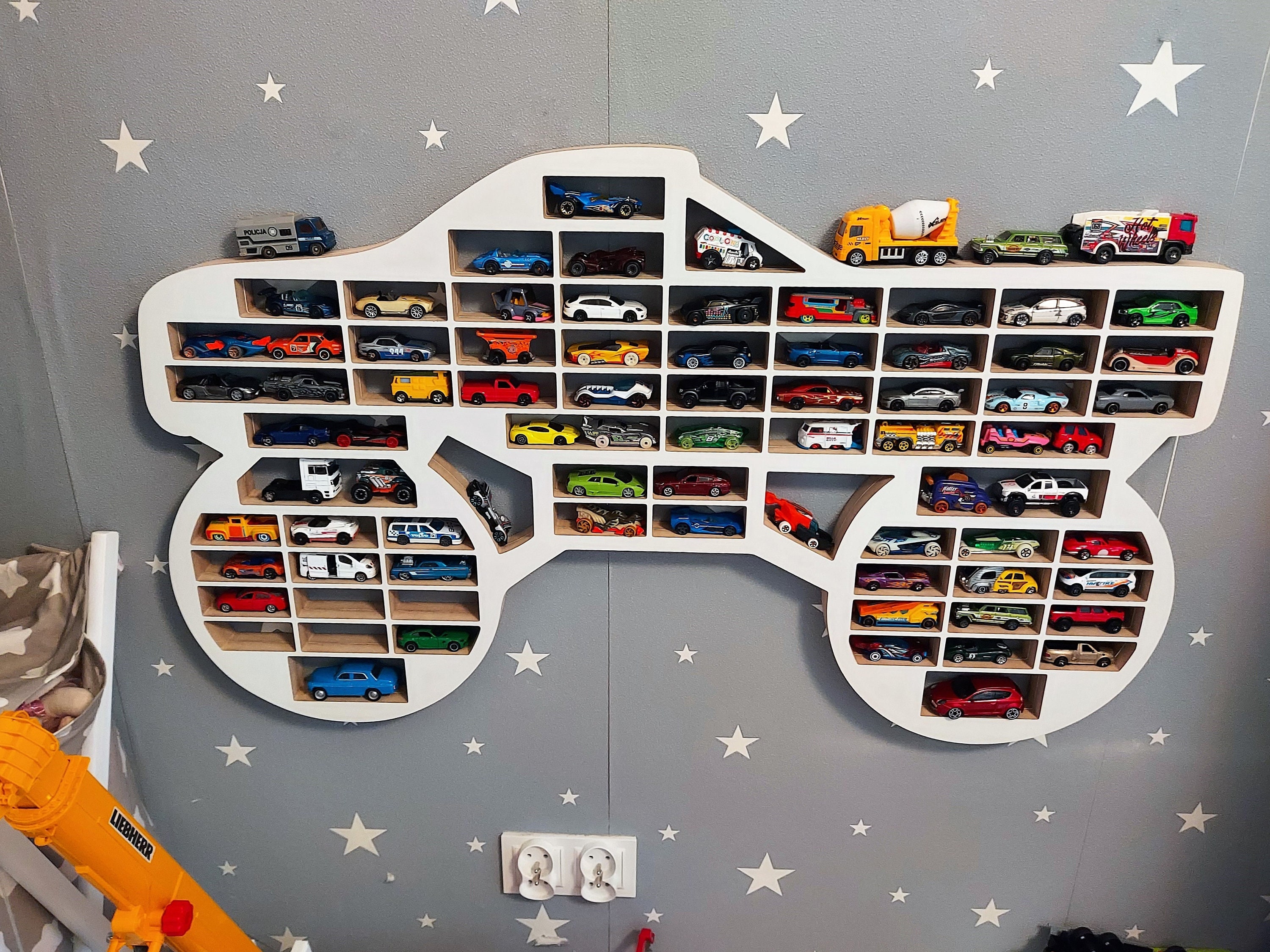 Display for cars childroom, kids playground for kids, wall hanging garage, Monster Truck shape, many shelves, hot wheels compatible