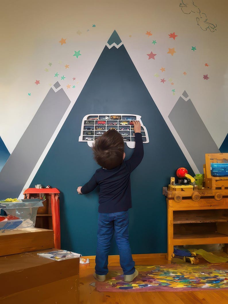 Car display for a child's room, VW T1 iconic car garage shape, toy organizer for a boy, wall shelf image 3