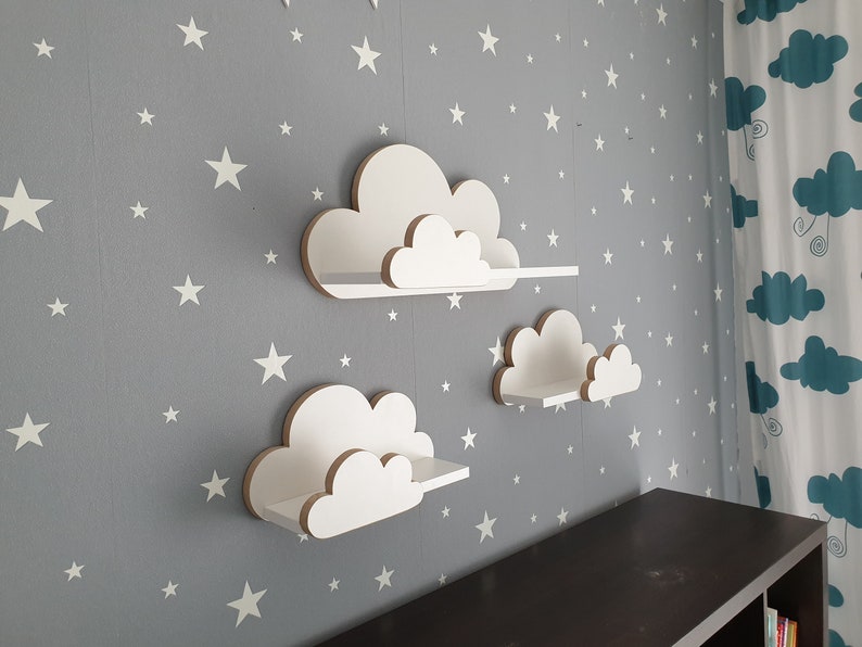 Cloud Shelves Moli Elegance nursery childroom for baby, kids bedroom, set of 3 pcs wooden hanging shelf, bookshelf, Scandinavian style image 1