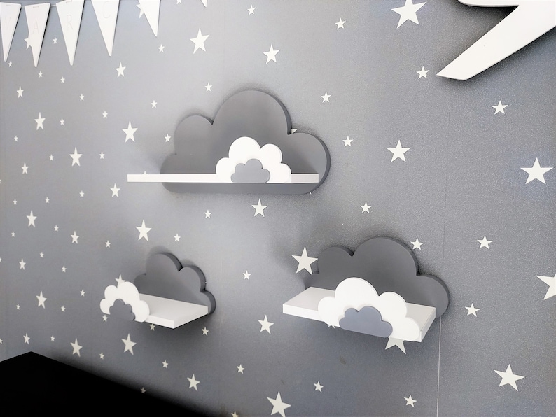 Cloud Shelves cameretta per bambini, cameretta per bambini, set di 3 mensole sospese in legno, libreria, decorazione grigia, galassia Moliland immagine 1