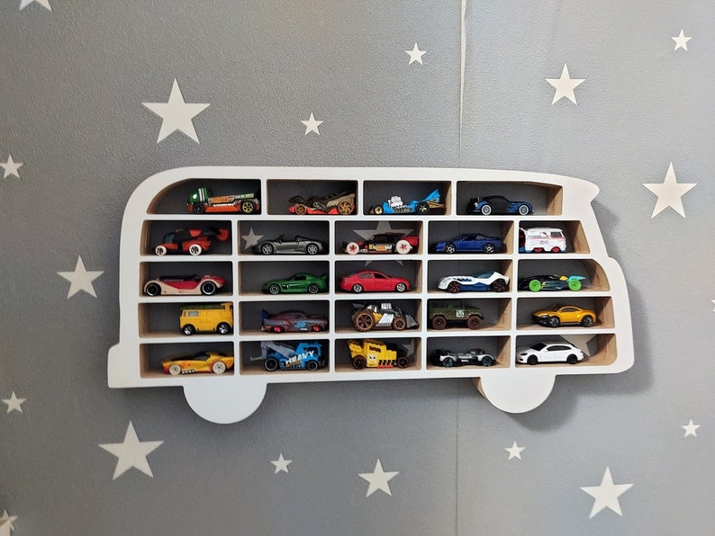 Car display for a child's room, VW T1 iconic car garage shape, toy organizer for a boy, wall shelf image 1