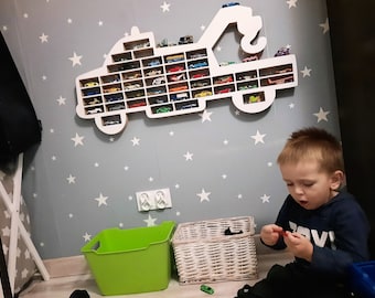 Display for cars childroom, kids playground for kids, wall hanging garage, Tow Truck shape, many shelves, hot wheels compatible