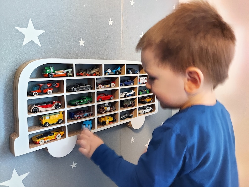 Car display for a child's room, VW T1 iconic car garage shape, toy organizer for a boy, wall shelf image 2