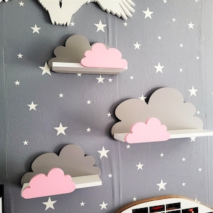 Wolke Wandregal, 3er Set, Fantasy Ekstra, Grau / Rosa, mit Montagehaken, Cloud Regale für kinder, kinderzimmer babyzimmer