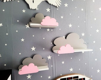 Wolke Wandregal, 3er Set, Fantasy Ekstra, Grau / Rosa, mit Montagehaken, Cloud Regale für kinder, kinderzimmer babyzimmer