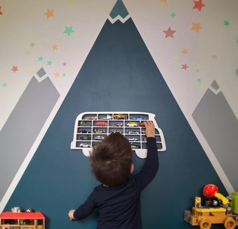 Car display for a child's room, VW T1 iconic car garage shape, toy organizer for a boy, wall shelf image 7