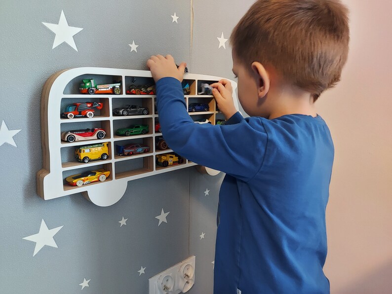 Car display for a child's room, VW T1 iconic car garage shape, toy organizer for a boy, wall shelf image 5