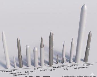 12 Ballistische Raketen 3D-Modelle, ICBM IRBM Set, Satan 2 Oreschnik Iskander, SketchUp STL, Maßstabsvergleich, 3D-Druck, Digitaler Download
