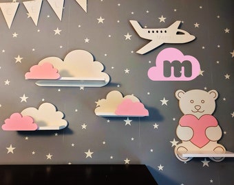 Wolke Wandregal, 3er Set, Fantasy EXTRA - Premium-Klasse, bianco / rosa con Montagehaken, Regale für kinder, kinderzimmer babyzimmer, hangend