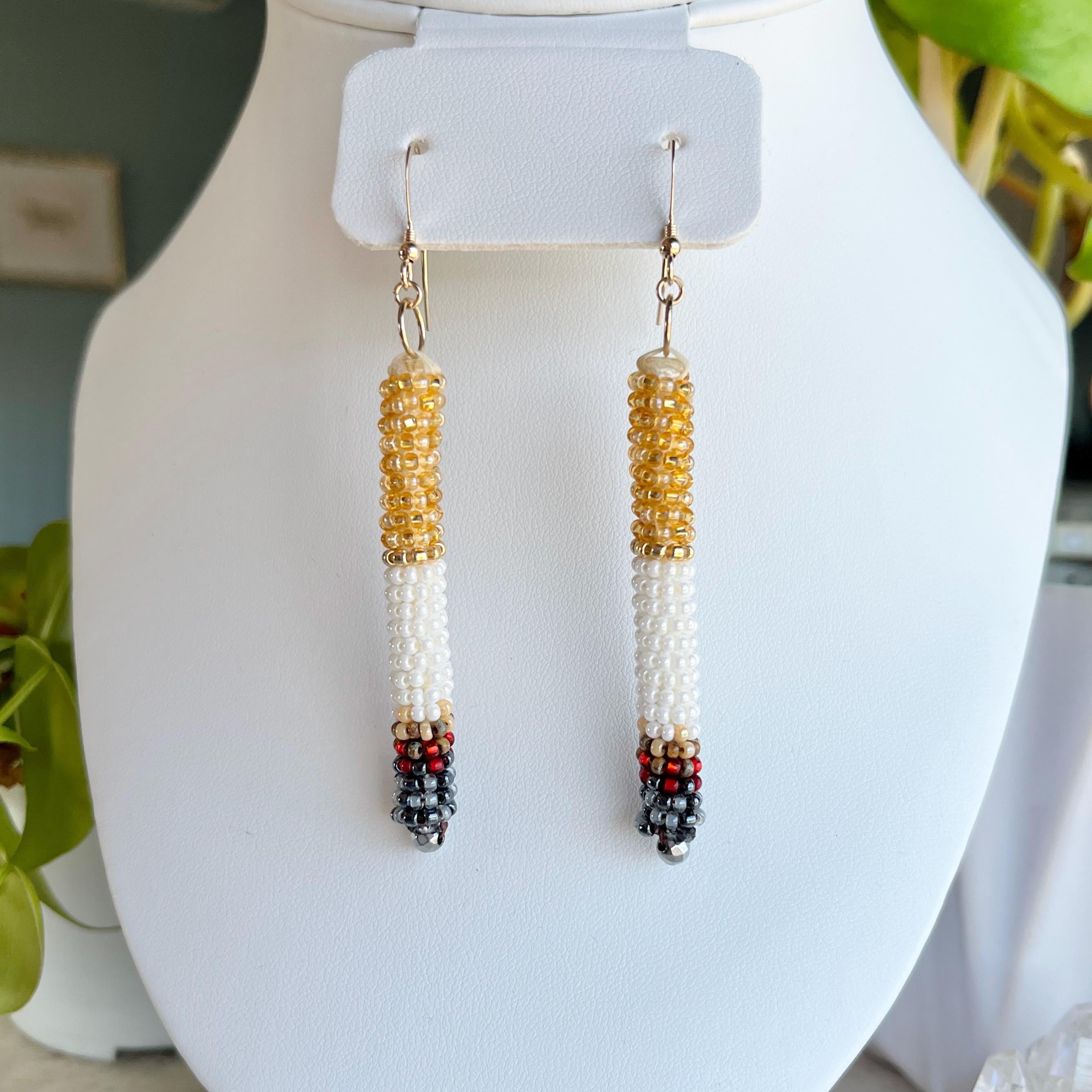 Beaded Cigarette Statement Earrings Short Sparkly pearl & gold Auntie earring