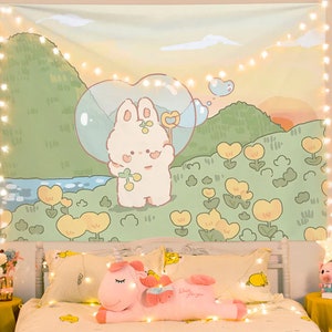 Bunny Kawaii Tapestry | Cute Cartoon Little Rabbit Wall Hanging Room Dorm Decor Decoration Pastel Art Poster Bedroom Christmas Birthday Gift