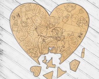 May include: A wooden heart-shaped puzzle with a couple, birds, flowers, and other romantic symbols. The puzzle is broken into several pieces.