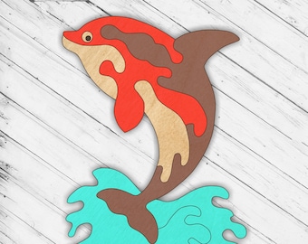 Wooden Dolphin Puzzle Jigsaw Glowforge Svg Laser Cut Dxf xTool D1 CNC Cutting Router Scroll Saw Download Digital Vector Ai Pdf Eps Files