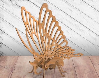 Rompecabezas de mariposa de madera 3D juguete Glowforge Svg corte láser Dxf xTool D1 CNC plantilla de plan de corte Descarga instantánea de archivos digitales vectoriales Pdf Eps