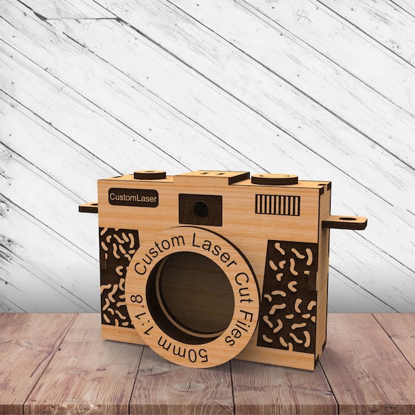 Wooden Camera Puzzle 3D Toy Glowforge Svg Laser Cut Dxf xTool D1 CNC Cutting Router Plan Template Download Digital Vector Ai Pdf Eps Files