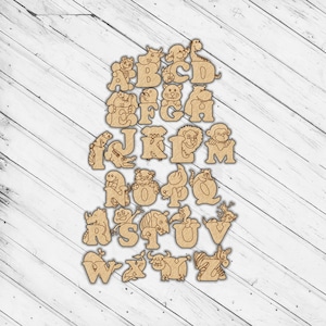Alfabeto de animais de madeira, brinquedo educacional, quebra-cabeça, corte a laser, DXF, Glowforge, Svg, roteador de corte CNC, vetor digital, AI, PDF, arquivo EPS, download instantâneo