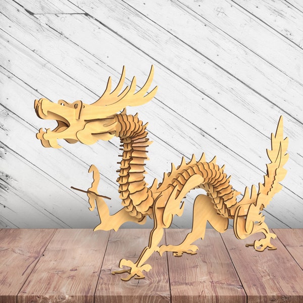 Dragon en bois Puzzle 3D Glowforge Svg découpé au laser Dxf xTool D1 CNC modèle de plan de routeur de découpe Télécharger des fichiers numériques vectoriels Ai Pdf Eps