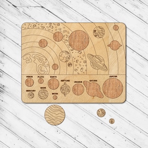 Houten zonnestelsel educatief speelgoed decoupeerzaag lasergesneden dxf Glowforge Svg CNC snijden router figuurzaag digitale vectorbestanden direct downloaden
