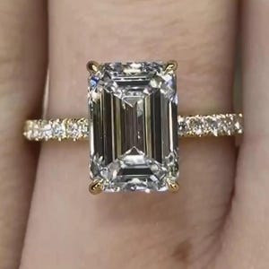Emerald Cut Moissanite Engagement Ring: Hidden Halo, Sterling Silver or Gold