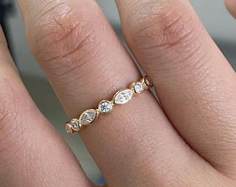 Marquise And Round Alternating Diamond Band /Marquise Moissanite Wedding Band/14K Gold Marquise Bezel Set Full Eternity Band /Stacking Band