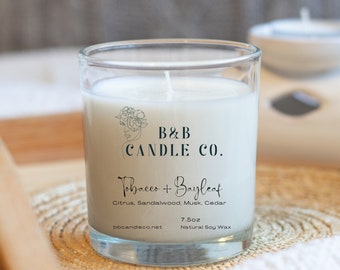 Tabaco + Bayleaf 7.5oz Vela de cera de soja l Fragancia de felicidad l Cera de soja perfumada l Vela aromática