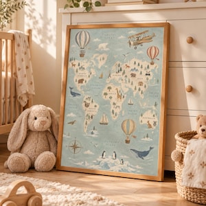 May include: A framed world map wall art print featuring a light blue background with illustrations of continents, oceans, hot air balloons, airplanes, and various animals including whales, bears, giraffes, and penguins, with a compass rose in the corner.