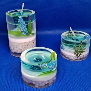 Resin Candle Holder with Blue Gel Wax Candles - Handmade (Set of 3)
