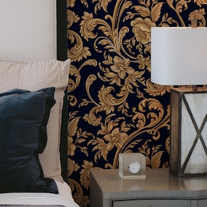 Vintage Wallpaper Peel and Stick | Romantic Gold Wallpaper for Living Room | Art Deco Ornaments Traditional Non-Woven Wallpaper | DF17