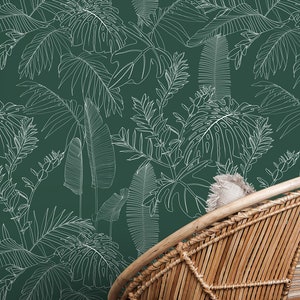 Peel and Stick wallpaper green tropical, Traditional Wallpaper, Removable and Renter friendly Wall Decor, leaves wallpaper, Self Adhesive.