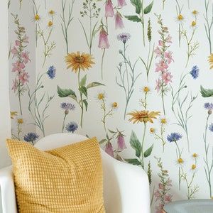 Bright floral Wallpaper,Peel&Stick and Traditional Wallpaper, Removable and Renter friendly Wall Decor, Botanical Design, Self Adhesive.