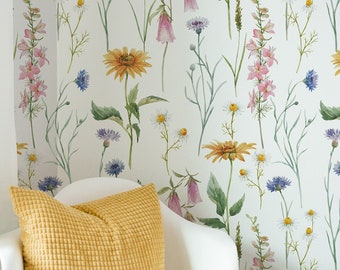 Bright floral Wallpaper,Peel&Stick and Traditional Wallpaper, Removable and Renter friendly Wall Decor, Botanical Design, Self Adhesive.