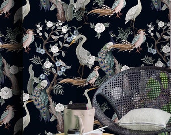 Dark Birds tropical Wallpaper,Peel&Stick and Traditional Wallpaper, Removable and Renter friendly Wall Decor, Cranes Design, Self Adhesive.