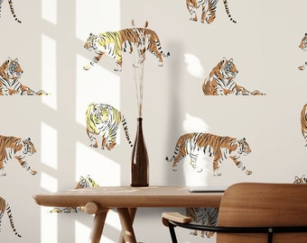 Jungle Tiger Wallpaper,Peel&Stick and Traditional Wallpaper, Removable and Renter friendly Wall Decor, Safari Design, Self Adhesive.