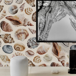 Oceanic & Nautical Wallpaper Schälen und Aufkleben | Beige Tapete fürs Badezimmer | Moderne Muscheln Traditionelle Vlies Tapete | OC00
