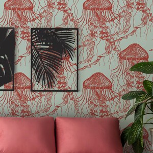 Red jellyfish Wallpaper,Peel&Stick and Traditional Wallpaper, Removable and Renter friendly Wall Decor, Ocean Design, Self Adhesive.