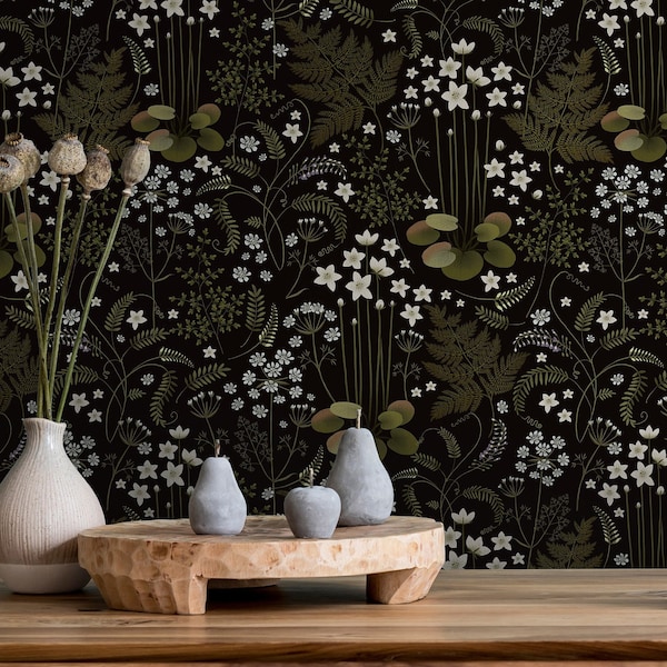 Dark Fern Leaves Wallpaper,Peel&Stick and Traditional Wallpaper, Removable and Renter friendly Wall Decor, Botanical Design, Self Adhesive.