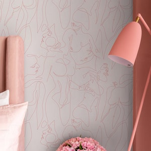 Papel pintado abstracto autoadhesivo / Papel pintado romántico rosa para dormitorio / Papel pintado tradicional no tejido con cuerpos femeninos modernos / ERO02