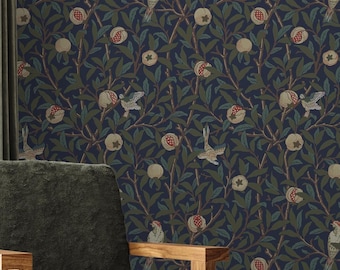 William Morris Floral Tapete - Blauer Vogel und Granatapfel Peel & Stick