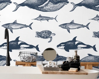 Oceanic & Nautical Wallpaper Peel and Stick | Fun Navy Wallpaper for Kitchen | Scandinavian Sea Creatures Non-Woven Wallpaper | ANI30