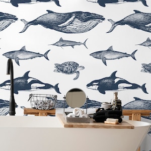 Vintage Whale and turtle Wallpaper,Peel&Stick and Traditional Wallpaper, Removable and Renter friendly Wall Decor, Ocean Design, Self Peel