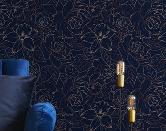 Dark Floral Wallpaper Peel and Stick | Dark Navy Wallpaper for Bedroom | Minimalistic Flower Outlines Non-Woven Wallpaper | DF18